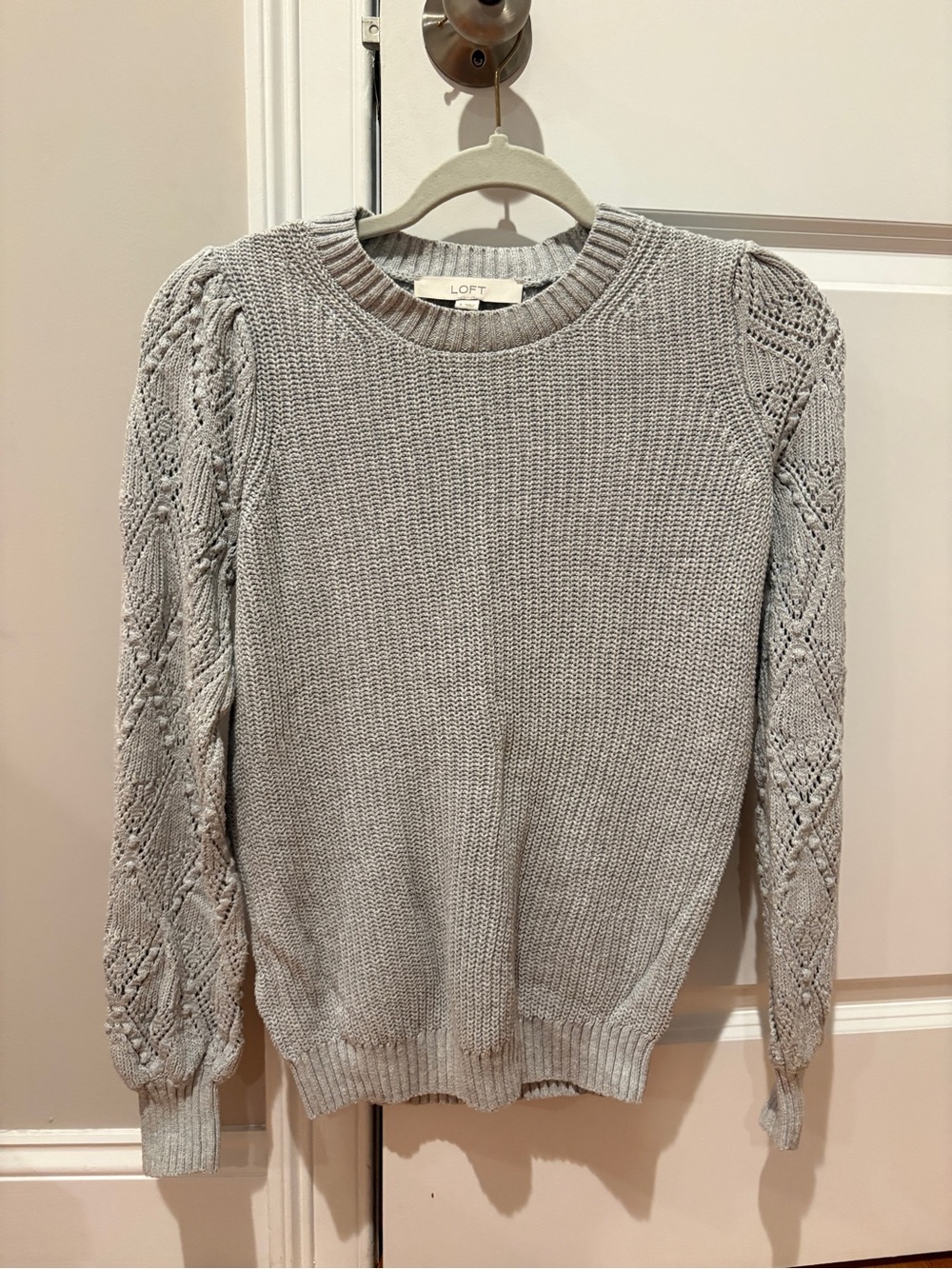 LOFT Light Gray Crewneck Sweater with Patterned Knit Sleeves